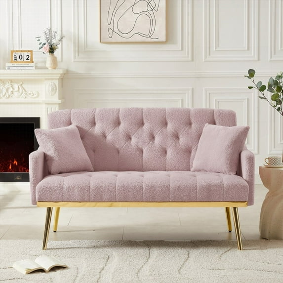 Modern Pink Teddy Fabric 2-Seater Sofa with Solid Wood Frame