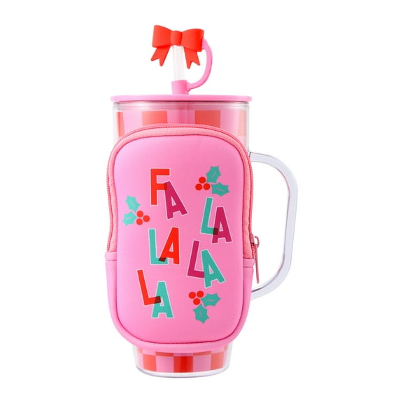 Plastic Christmas Tumbler with Bag, Pink and Red, 26 fl oz, by Holiday Time