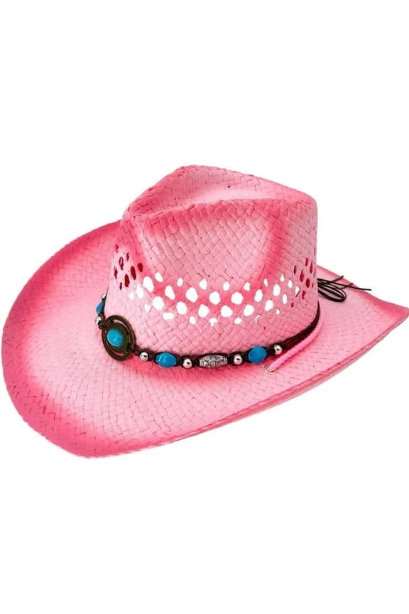 PINK Tea Stain Straw COWBOY HAT w/ Turquoise Blue Beads ADULT SIZE Turquoise WOMEN WESTERN Cowgirl