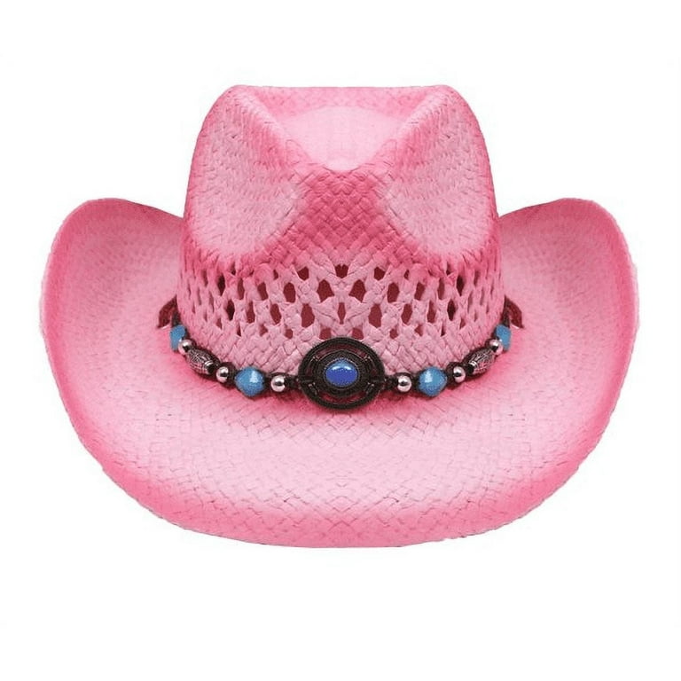 PINK Tea Stain Straw COWBOY HAT w/ Turquoise Blue Beads 