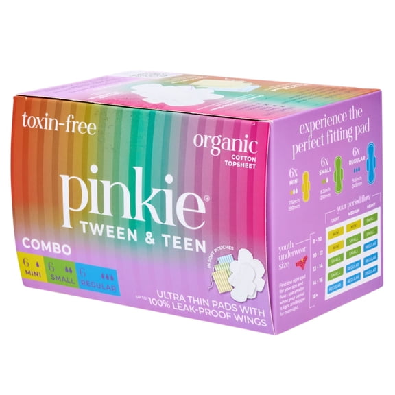 Pinkie Teen Pads, Combo Pack, 18 Count, Organic Cotton Ultra-Thin with Wings