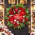 thumbnail image 1 of PINKPUII Artificial Red Peony Floral Christmas Wreath with Merry Christmas Sign, 24 Inch, Red, 1 of 9
