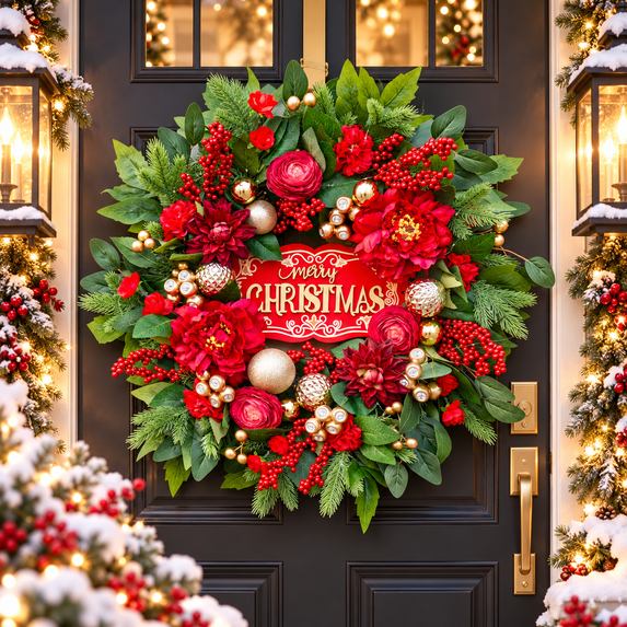 PINKPUII Artificial Red Peony Floral Christmas Wreath with Merry Christmas Sign, 24 Inch, Red