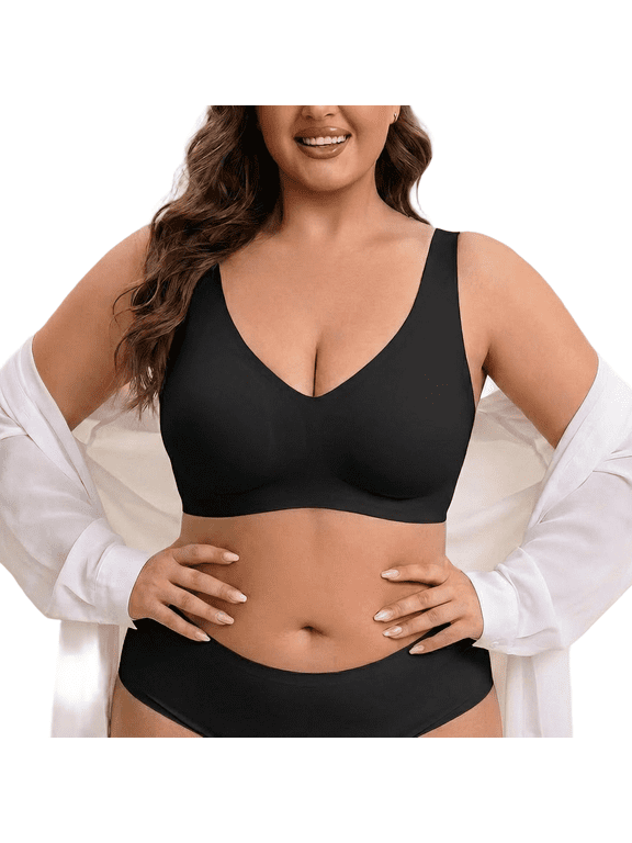 Plus Size Deep V Bras For Women Wireless Comfortable Bra Supportive No Underwire Bras Tshirt Push Up Bralettes Plunge Seamless Bra, 1X - 3X