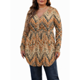 thumbnail image 1 of PINKSIR Plus Size Henley Shirts for Women V Neck Button Long Sleeve Flowy Tunic Tops Curved Hem Fall Ink Yellow Ripple 4X, 1 of 1