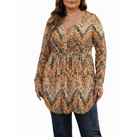 PINKSIR Plus Size Henley Shirts for Women V Neck Button Long Sleeve Flowy Tunic Tops Curved Hem Fall Ink Yellow Ripple 4X