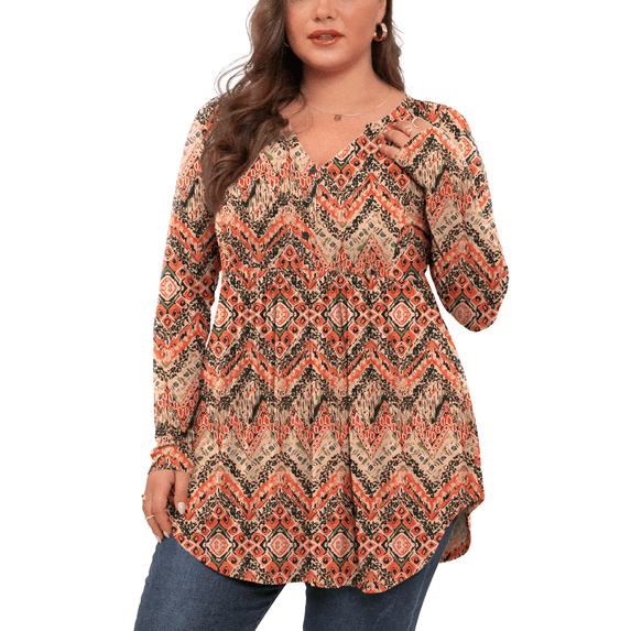 PINKSIR Plus Size Henley Shirts for Women V Neck Button Long Sleeve Flowy Tunic Tops Curved Hem Fall Ink Yellow Ripple 4X