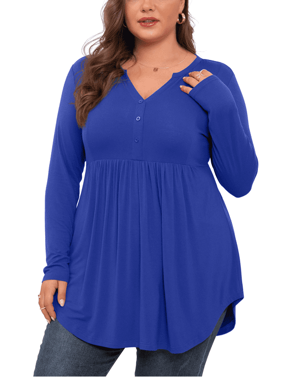 Plus Size Henley Shirts for Women V Neck Button Long Sleeve Flowy Tunic Tops Curved Hem Fall Royal Blue 2X