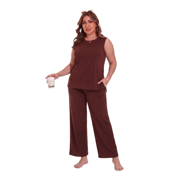 PINKSIR Plus Size Lounge Sets for Women Sleeveless Tank Top Wide Leg Pants Soft Comfy Pajama Set Loose 2 Piece Outfit with Pockets Coffee 1X-4X