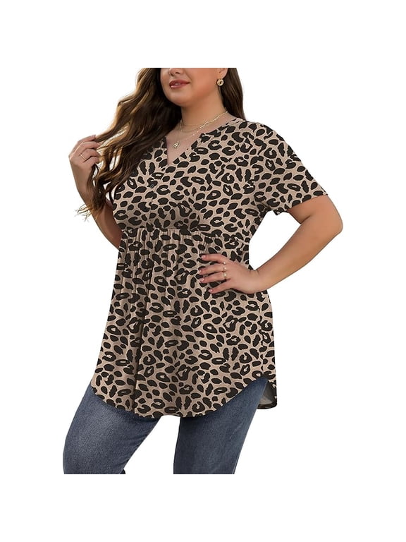 Plus Size Short Sleeve Henley Shirt for Women Flowy Tunic Tops Loose Fit Pleated Swing Blouse Leopard Khaki 1X-5X