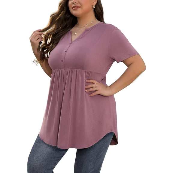 PINKSIR Plus Size Short Sleeve Henley Shirt for Women Flowy Tunic Tops Loose Fit Pleated Swing Blouse Mauve 1X-5X