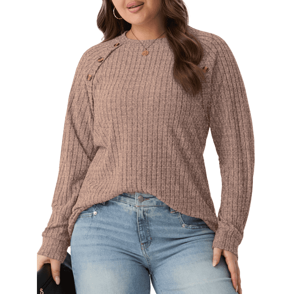 PINKSIR Womens Plus Size Tunic Tops Crewneck Long Sleeve Ribbed Knit Button Detail Fall Casual