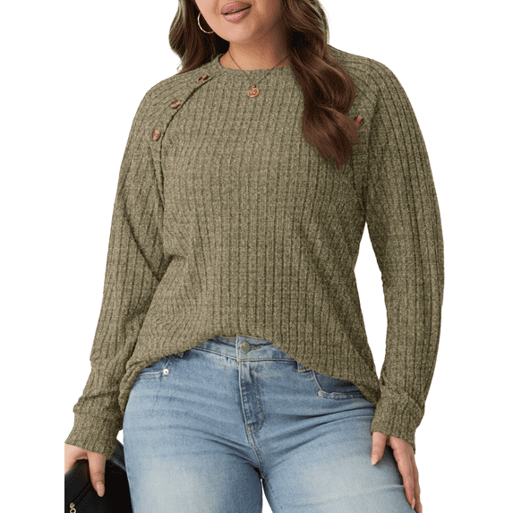 PINKSIR Plus Size Sweater Tops for Women Lightweight Button Detail Long Sleeve Crewneck Ribbed Knit Loose Tunic Pullover