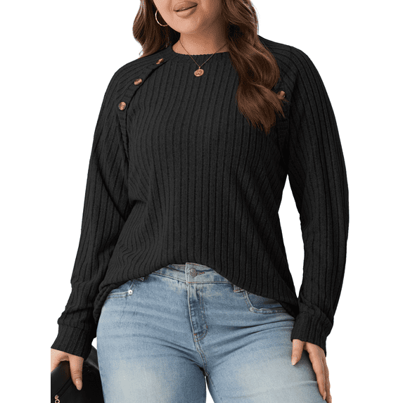 PINKSIR Womens Plus Size Tunic Tops Crewneck Long Sleeve Ribbed Knit Button Detail Fall Casual