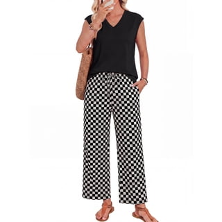 PINKSIR 2 Piece Outfits for Women Black Checkerboard Wide Leg Pants Set V Neck Sleeveless Top Casual Vacation Lounge Matching Sets