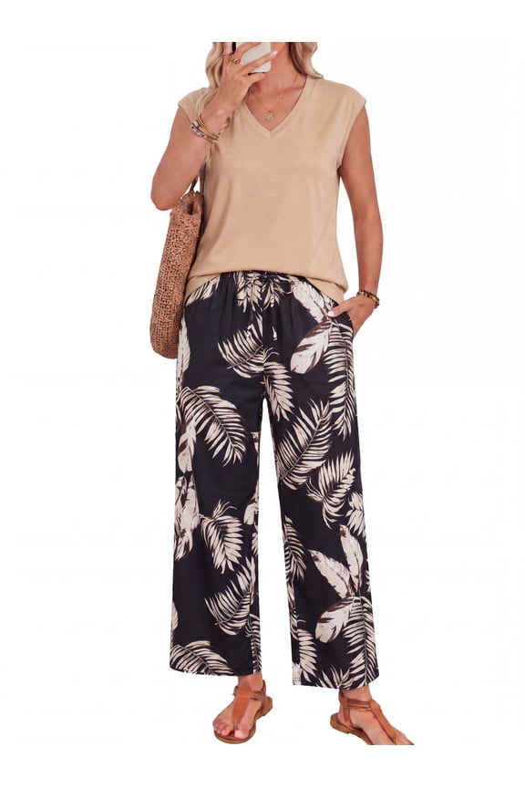 2 Piece Outfits for Women Beige Palm Leaf Wide Leg Pants Set V Neck Sleeveless Top Beach Vacation Lounge Matching Sets