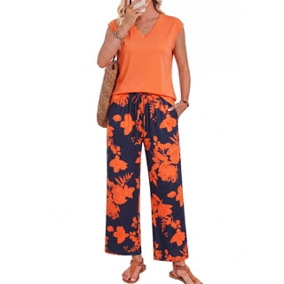 PINKSIR 2 Piece Outfits for Women Orange Floral Wide Leg Pants Set V Neck Sleeveless Top Casual Resort Lounge Matching Sets