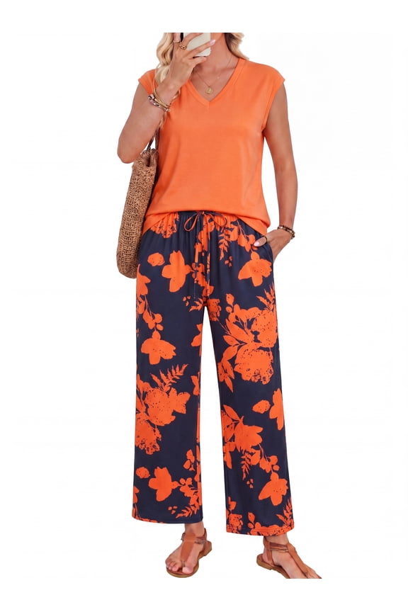 2 Piece Outfits for Women Orange Floral Wide Leg Pants Set V Neck Sleeveless Top Casual Resort Lounge Matching Sets