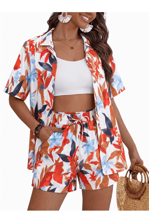 2 Piece Outfits for Women Hawaiian Tropical Print Button Down Shirt and Shorts Summer Beach Vacation Sets Resort Wear