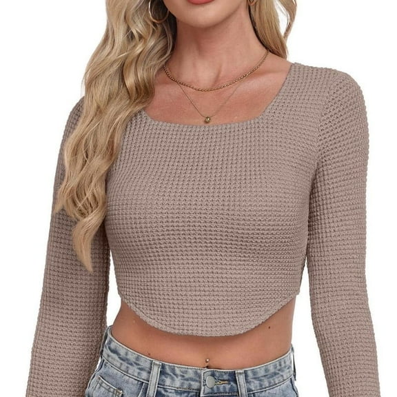 PINKSIR Women's Knitted Solid Crop Top with Square Neck and Fitted Asymmetrical Hem Light Gray L