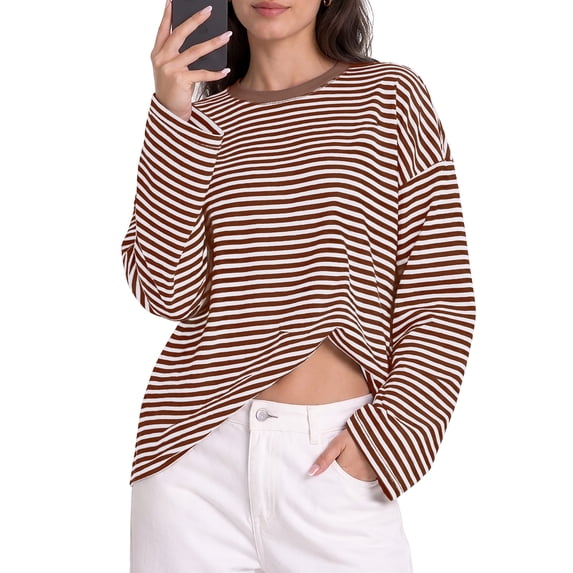 PINKSIR Women's Oversized Striped Long Sleeve T Shirt Cotton Crewneck Casual Tops
