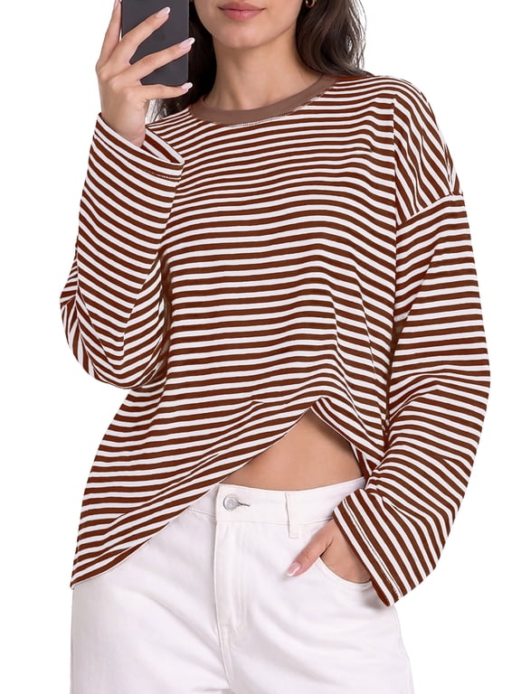 Women's Oversized Striped Long Sleeve T Shirt Cotton Crewneck Casual Tops