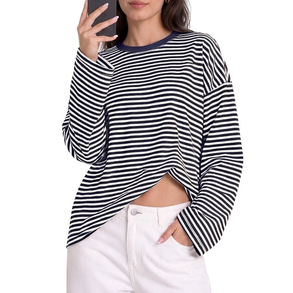 PINKSIR Women's Oversized Striped Long Sleeve T Shirt Cotton Crewneck Casual Tops