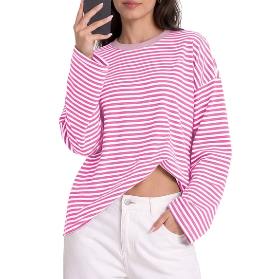PINKSIR Women's Oversized Striped Long Sleeve T Shirt Cotton Crewneck Casual Tops