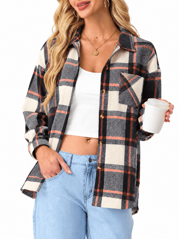 Women's Plaid Flannel Shacket Long Sleeve Button Down Shirt Jacket with Pocket
