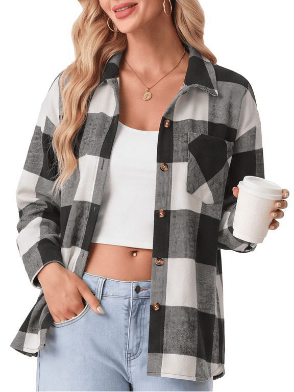Women's Plaid Flannel Shacket Long Sleeve Button Down Shirt Jacket with Pocket