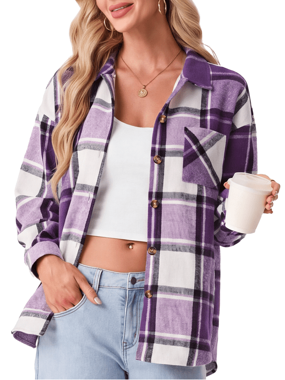 Women's Plaid Flannel Shacket Long Sleeve Button Down Shirt Jacket with Pocket