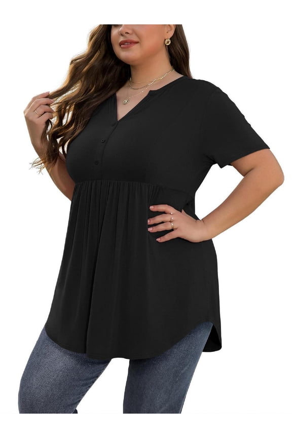 Plus Size Short Sleeve Henley Shirt for Women Flowy Tunic Tops Loose Fit Pleated Swing Blouse Black 1X-5X