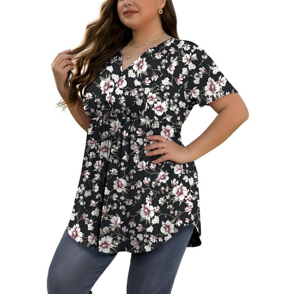PINKSIR Plus Size Short Sleeve Henley Shirt for Women Flowy Tunic Tops Loose Fit Pleated Swing Blouse 1X-5X