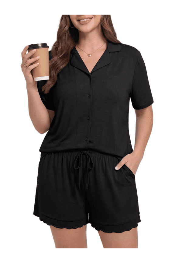 Women’s Plus Size Pajama Set – Button Down Short Sleeve Top & Drawstring Shorts with Pockets, Black