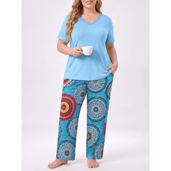 PINKSIR Women’s Plus Size Pajama Sets Short Sleeve with Long Pant Soft Sleepwear Printed Loungewear With TWO Pockets Size 1X to 5X