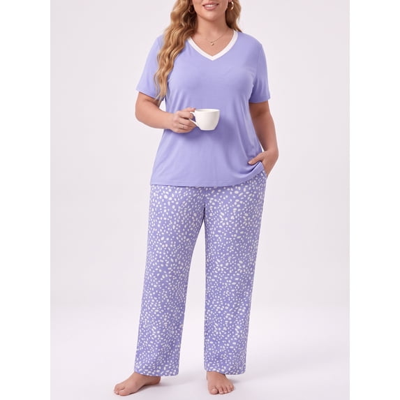 PINKSIR Women’s Plus Size Pajama Sets Short Sleeve with Long Pant Soft Sleepwear Printed Loungewear With TWO Pockets Size 1X to 5X
