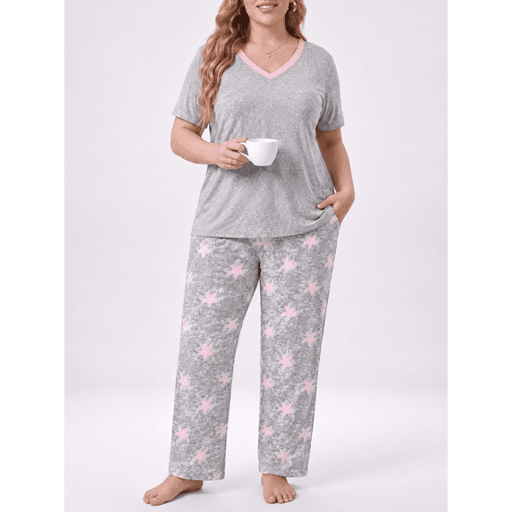 PINKSIR Women’s Plus Size Pajama Sets Short Sleeve with Long Pant Soft Sleepwear Printed Loungewear With TWO Pockets Size 1X to 5X
