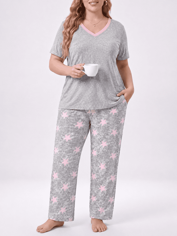 Women’s Plus Size Pajama Sets Short Sleeve with Long Pant Soft Sleepwear Printed Loungewear With TWO Pockets Size 1X to 5X
