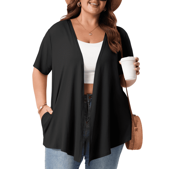 PINKSIR Women's Plus Size Short Sleeve Cardigan Lightweight Breathable Summer Open Front with Pockets Black 3X