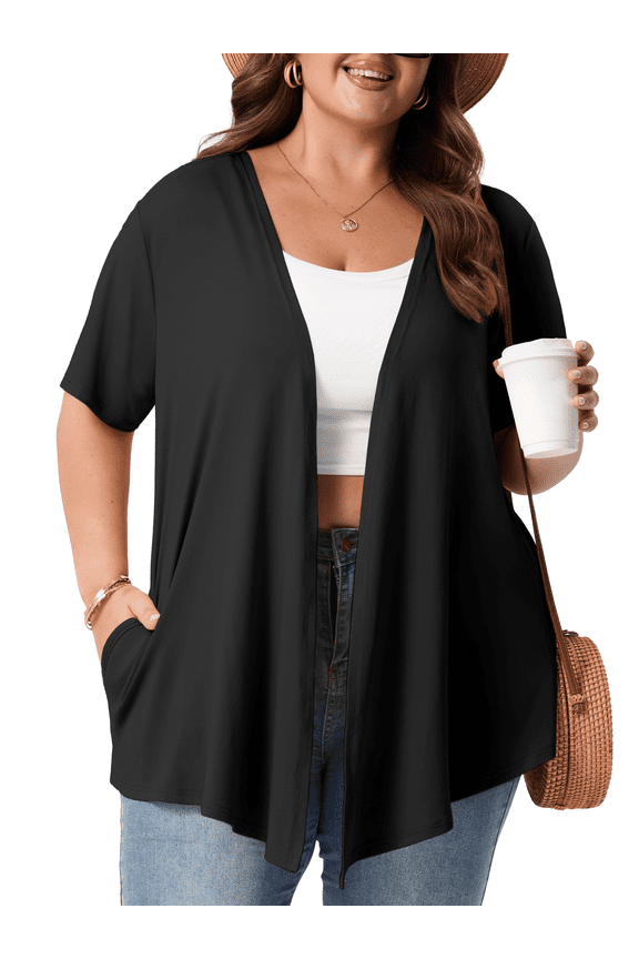 Women's Plus Size Short Sleeve Cardigan Lightweight Breathable Summer Open Front with Pockets Black 4X