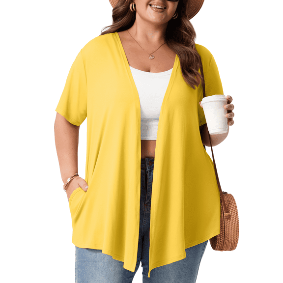 PINKSIR Women's Plus Size Short Sleeve Cardigan Lightweight Breathable Summer Open Front with Pockets Bright Yellow 3X