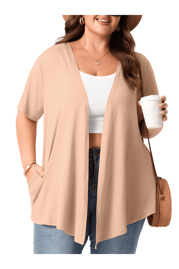 Women's Plus Size Short Sleeve Cardigan Lightweight Breathable Summer Open Front with Pockets Light Khaki 4X