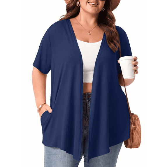 PINKSIR Women's Plus Size Short Sleeve Cardigan Lightweight Breathable Summer Open Front with Pockets Navy Blue 2X