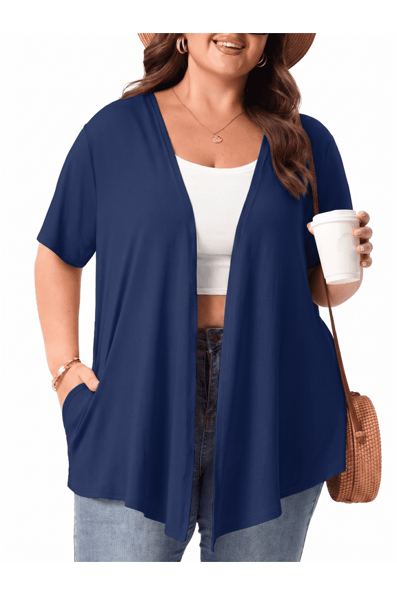 Women's Plus Size Short Sleeve Cardigan Lightweight Breathable Summer Open Front with Pockets Navy Blue 3X