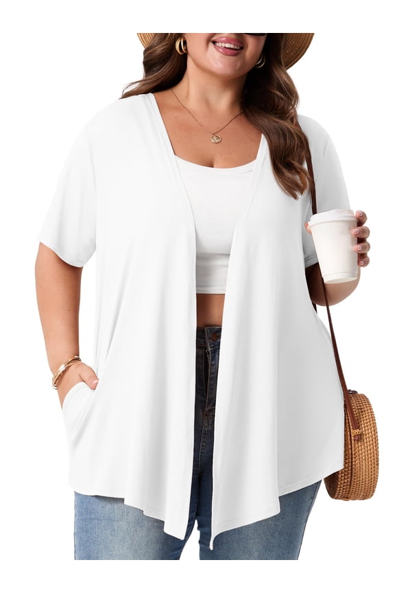 Women's Plus Size Short Sleeve Cardigan Lightweight Breathable Summer Open Front with Pockets White 2X