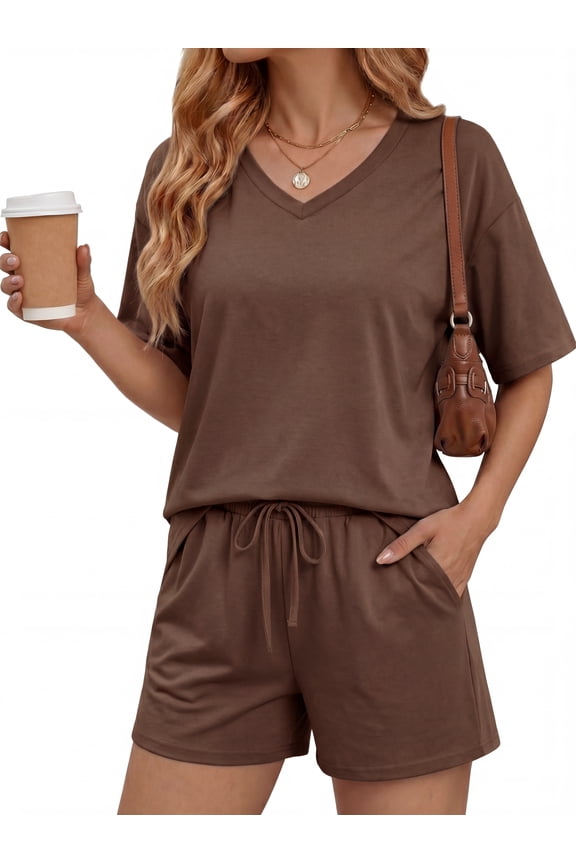 Short Sets for Women 2 Piece Outfits V Neck Short Sleeve Top and Shorts Lounge Set with Pockets