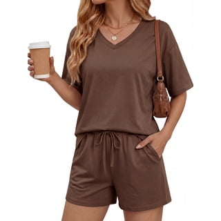 PINKSIR Short Sets for Women 2 Piece Outfits V Neck Short Sleeve Top and Shorts Lounge Set with Pockets