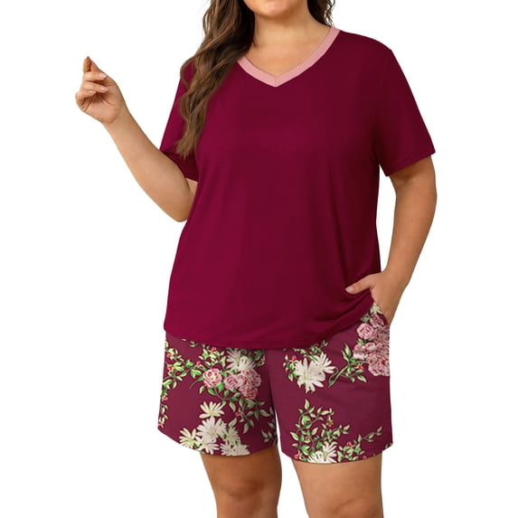 PINKSIR Womens Pajama Sets Plus Size 2 Piece Short Sleeve Shorts Lounge Sets with Pockets