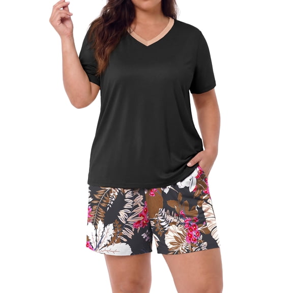 PINKSIR Womens Pajama Sets Plus Size 2 Piece Short Sleeve Shorts Lounge Sets with Pockets