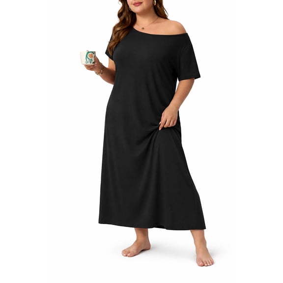 PINKSIR Womens Plus Size Nightgown Short Sleeve Lounge Dresse Casual Comfy with Pockets For Daily Wear Black 1X